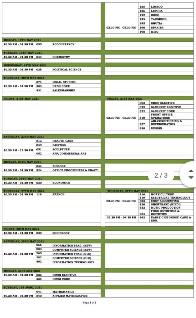 2021 Board Exam Date Class 12
