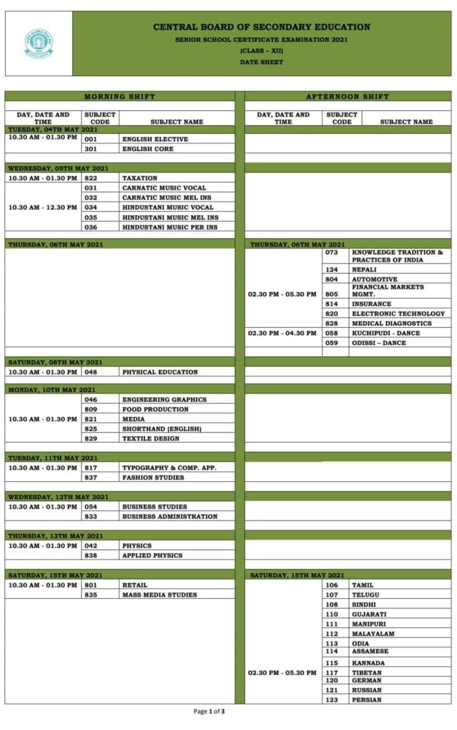 2021 Board Exam Date Class 12