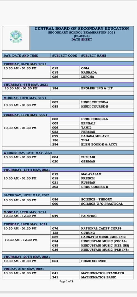 DateSheet of Class 10 2021 CBSE