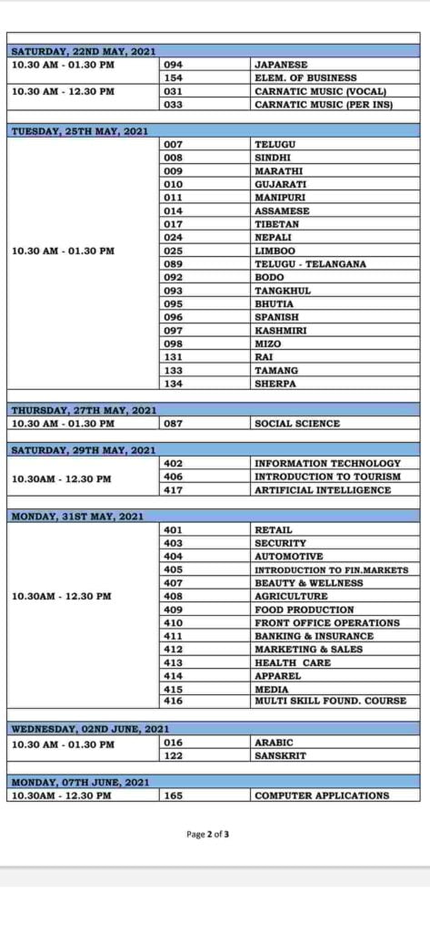 DateSheet of Class 10 2021 CBSE